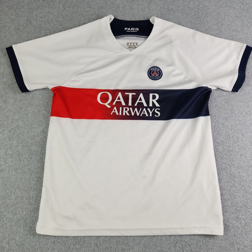 Paris Saint-Germain Jersey Youth 28 M White PSG Soccer Qatar Airways Mesh V-Neck